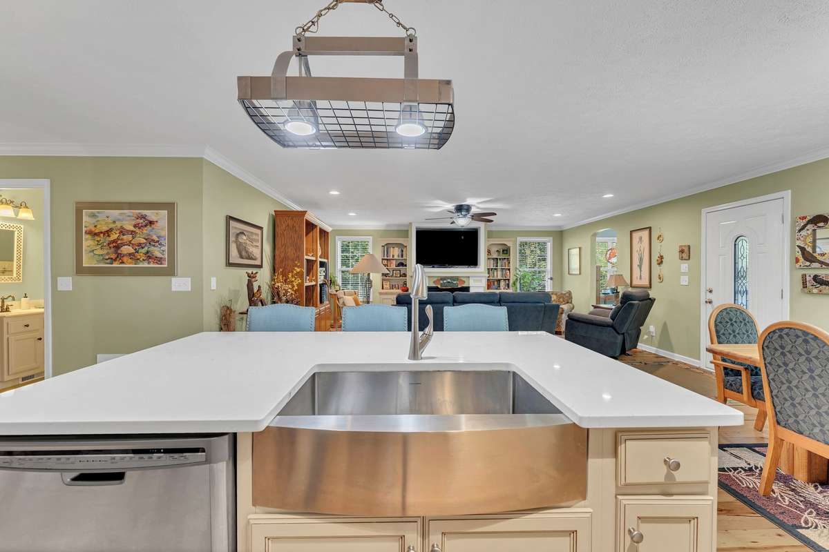 The open floor plan allows for easy interaction during meal preparation.