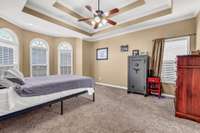 Primary Bedroom is Located on the Main Level and Features a Double Tray Ceiling, Crown Molding and 2 Walk-in Closets!
