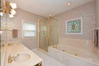 double vanities, whirlpool tub and walk in shower