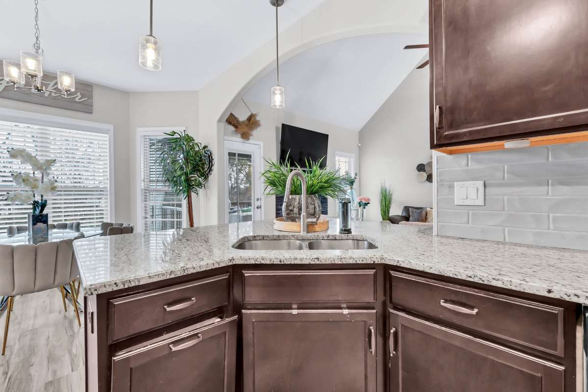 Corner sink with view into living room