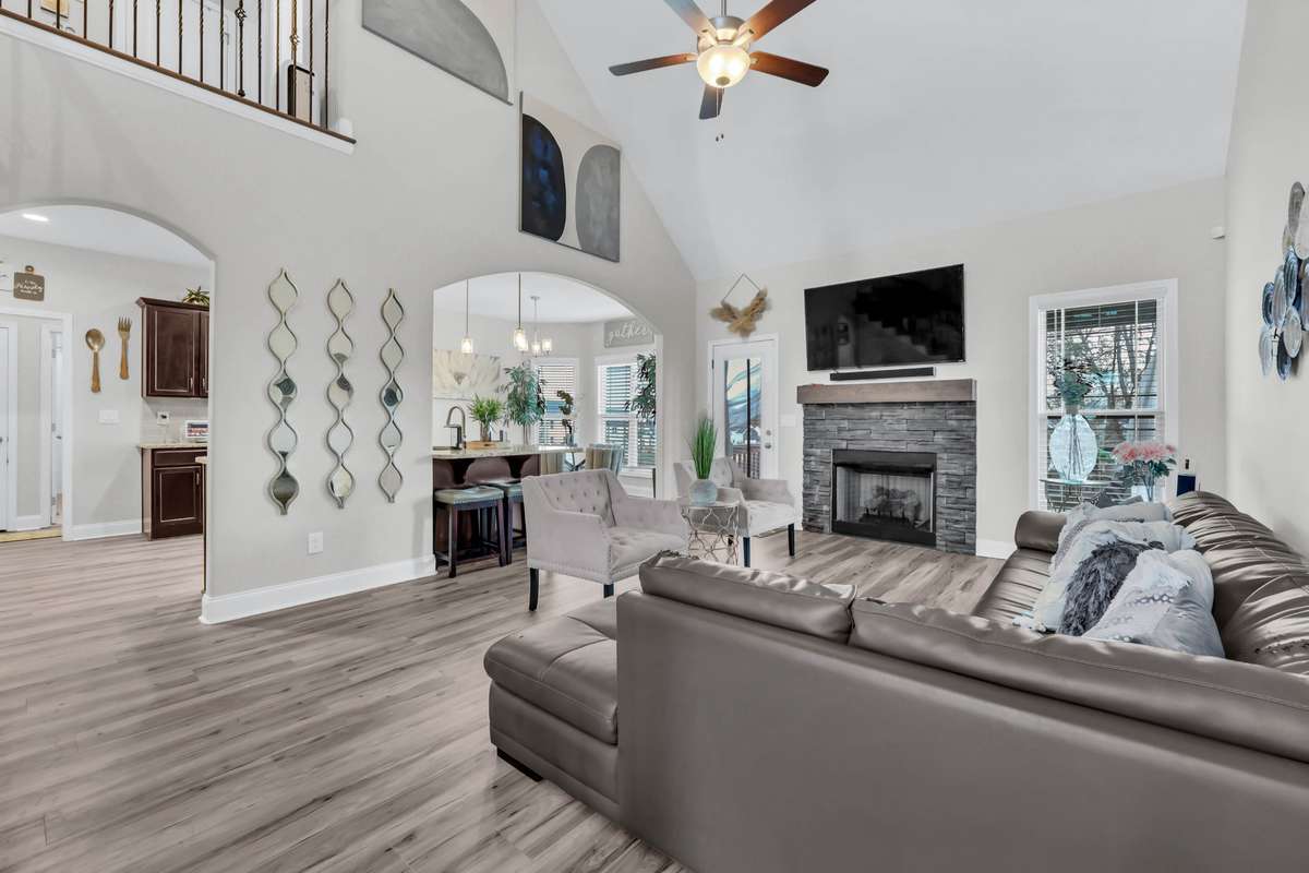 Spacious Living room with view into kitchen