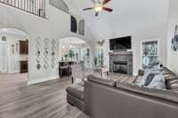 Spacious Living room with view into kitchen