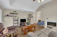 Electric fireplace makes it warm and cozy.