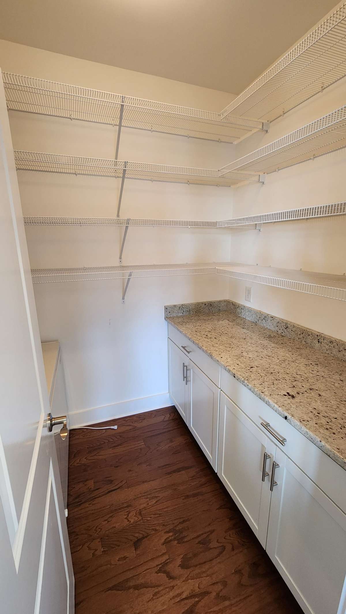 A large upgraded pantry with work space with ample cabinet storage and counter top!  All different sized drawers, shelving, and deep freezer.