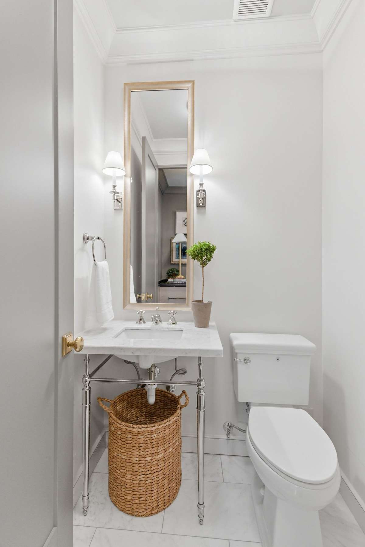 POWDER ROOM WITH TILE FLOOR ALL NEW SINK, LIGHTING, MIRROR $ TOILET