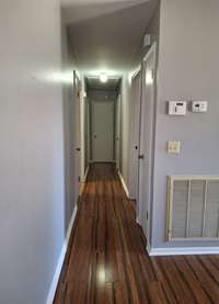Bamboo hardwood flooring continues into the hallway.