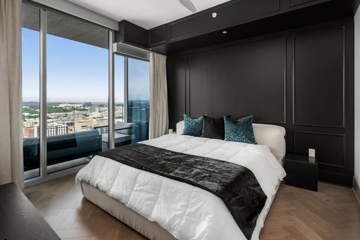 Ample natural lighting in bedroom and stylish details