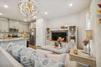 Living space with space at the bar top for meals or entertaining.