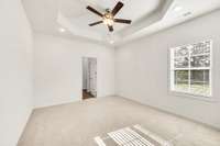 Spacious main bedroom with trey ceiling, recessed lighting, and ceiling fan—offering a comfortable retreat with direct access to the private bath.