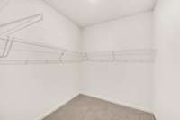 Spacious walk-in closet with dual hanging sections provides generous storage and organization off the main suite.