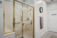Walk in accessible shower.