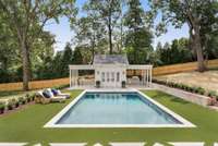 Terf surround pool with pool house.  Inside your pool house is a cooled seating area, bathroom and changing room with side opening windows to bring in the fresh air from your built in grilling area or your outdoor seating area.