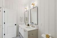 shiplap wall treatment in primary bath