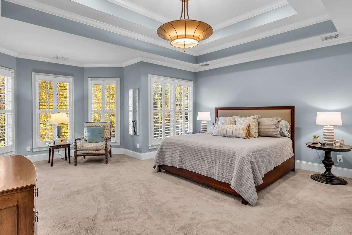Spacious main-level primary suite with tray ceiling, soft natural light, and calming designer color palette.