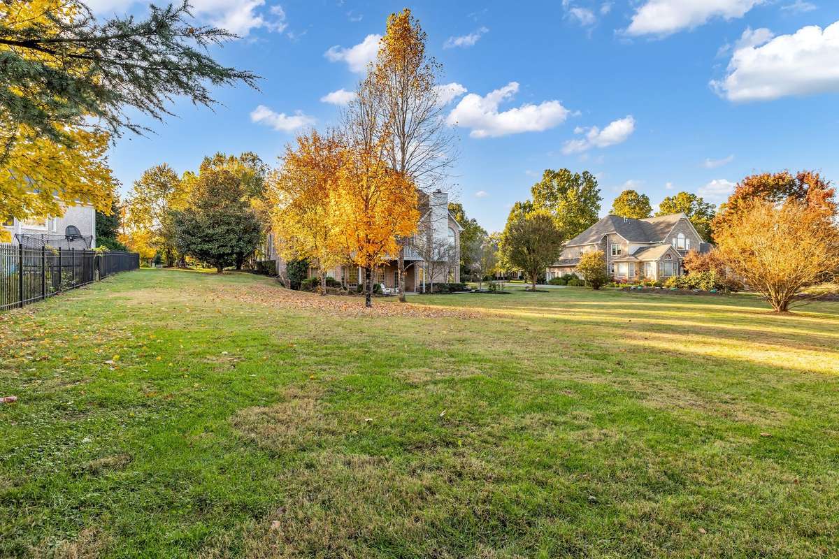 Generous, level backyard framed by mature trees and landscaped garden beds.