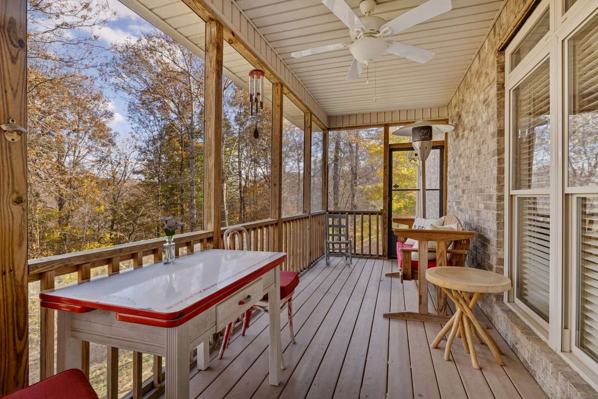 Screened Porch with wonderful views of wooded hillsides!