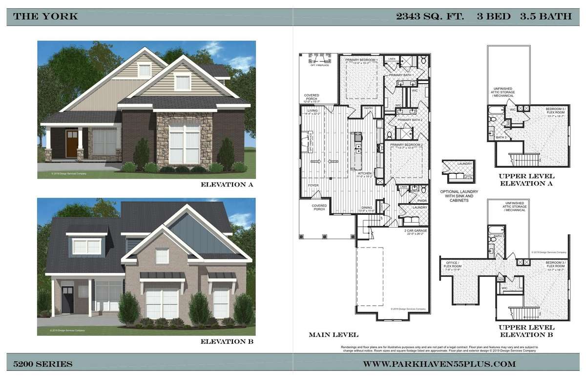 Floorplan for both elevations of home, elevations are renderings only, options and finishes may vary