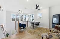 Upstairs landing provides a flex space for a home office to enjoy the treetop views, library, studio, home gym or game room.