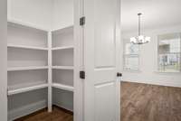 Massive Walk In Pantry w/ wood shelving! Actual Home
