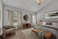 Virtually staged Master Bedroom where you can catch a glimpse of the sparkling swimming pool, creating a peaceful retreat right outside your backdoor.