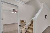 Brooks Stairlift brand electric chair lift goes to second level.  Can stay or be removed.