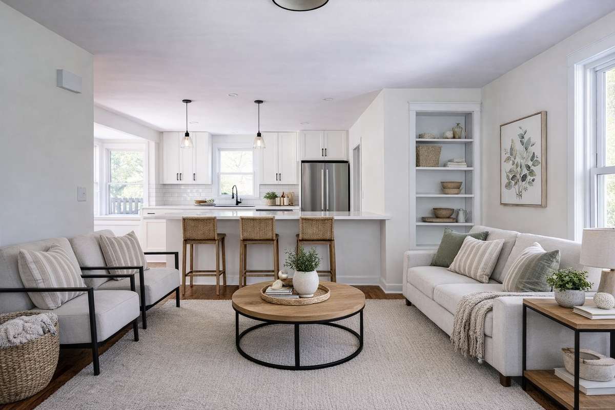 This is the additional living space off the kitchen bar area with a cute wall built in. Bar seating for 3-4 comfortably. This could also be used as a dining space as well.
**Ai generated/virtually staged photo**