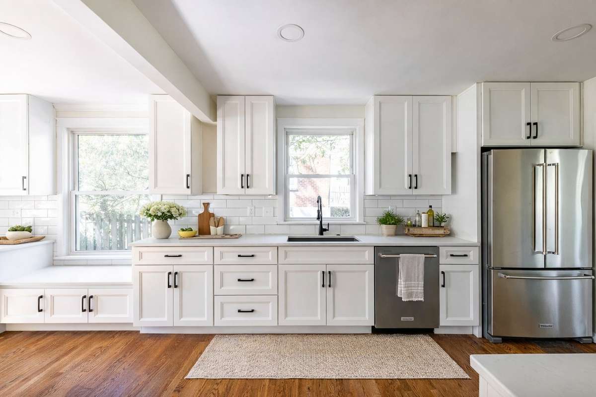 Designed with three things in mind...quality, beauty, and functionality. Solid wood cabinets w/ dove tailed joints + soft close features. Tops, tile, and grout choices all compliment each other well.
**Ai generated/virtually staged photo*
