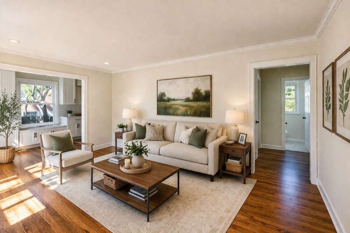 As you enter the home you get a quick glimpse of the honed marble tile in the parlor bath before being drawn towards the kitchen area.
**Ai generated/virtually staged photo.**