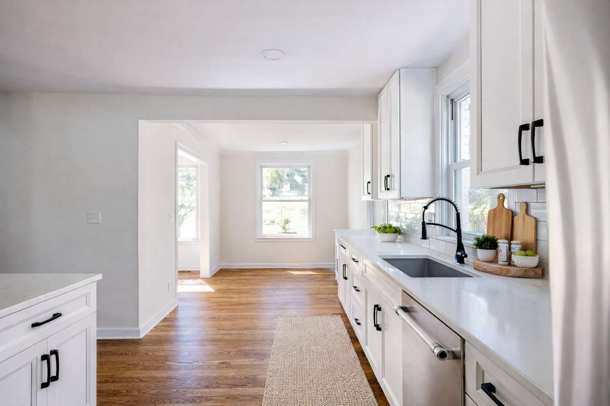 The seemingly mile of luxury quartz countertops and plenty of cabinet space, as well as the prep area & layout of this kitchen are perfect for daily living and entertaining alike!
**Ai generated/Virtually staged photo**
