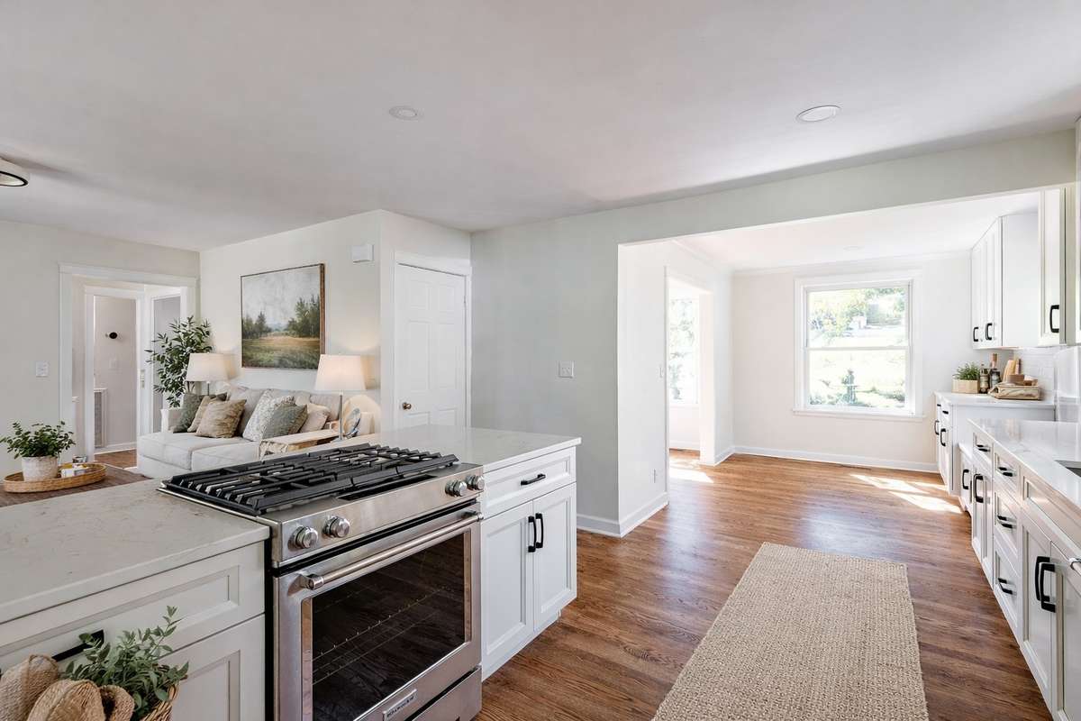 The gas range and bartop extend the kitchen into another living area.
**Ai generated/Virtually staged photo**