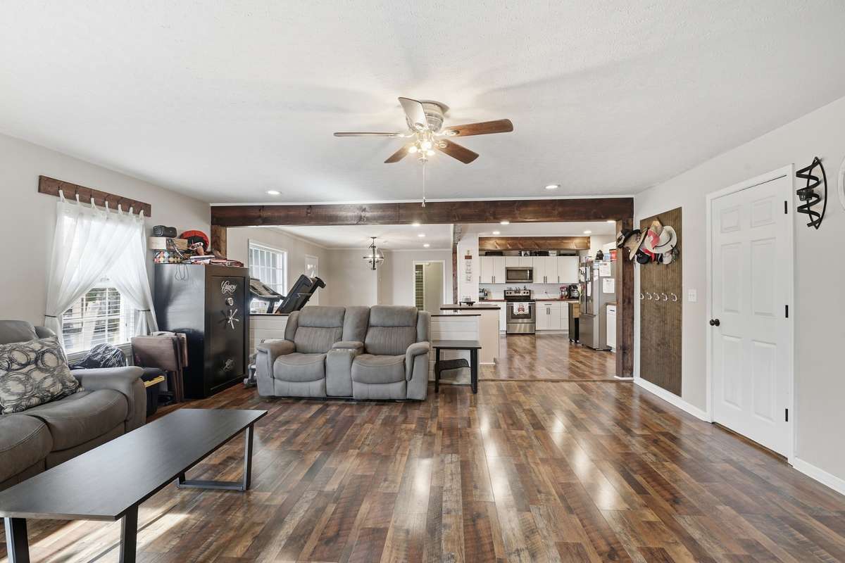 Open concept family room, dining room, and kitchen.