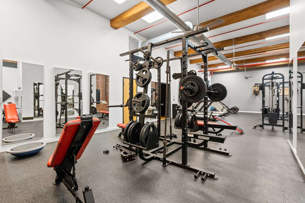 Free weights, snack machine + private bathrooms with water fountain