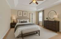 This is virtual staged  photo of huge primary bedroom suite with spacious walk in closet and adjoining bath.