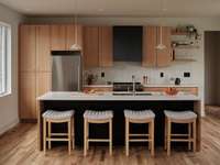 Kitchen features custom cabinetry, a reeded vent hood, KitchenAid® stainless appliances, and under cabinet lighting