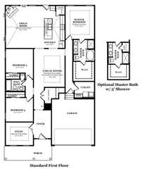 Standard first floor of the Bierstadt floor plan. This shows the option to have shower only in the master bath.
