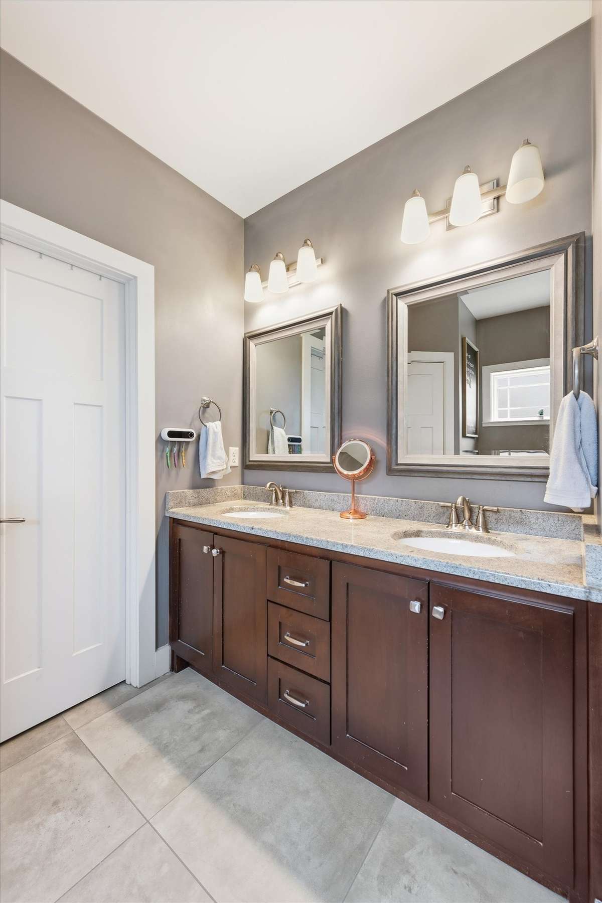 Primary bathroom has double vanities