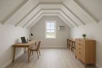 Example rendering trim out of upstairs attic space. There is room for an additional bedroom and a full ensuite if so desired. Estimates for the project are available on request.