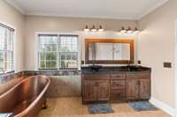 Double sink vanity with tile surround