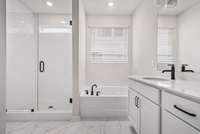 Frameless shower door, tiled shower and soaking tub!