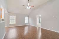 Great Room: soaring ceilings centrally located for a functional, well-designed floor plan