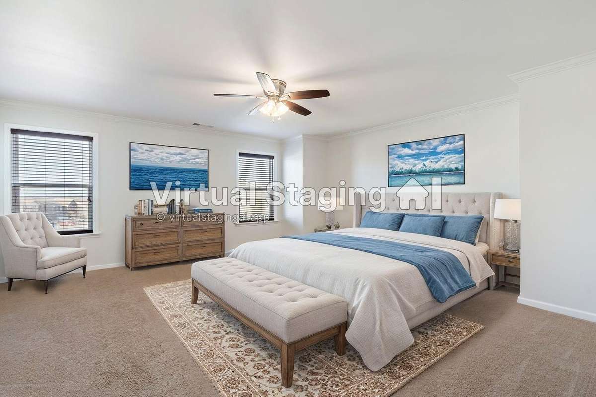 Virtually staged Primary suite is super spacious and has a massive walk in closet!