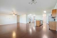 View from eating area into living and kitchen.