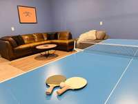 The converted garage is now a gameroom--ping pong, board games and more with lounging couch, flat screen and frig.
