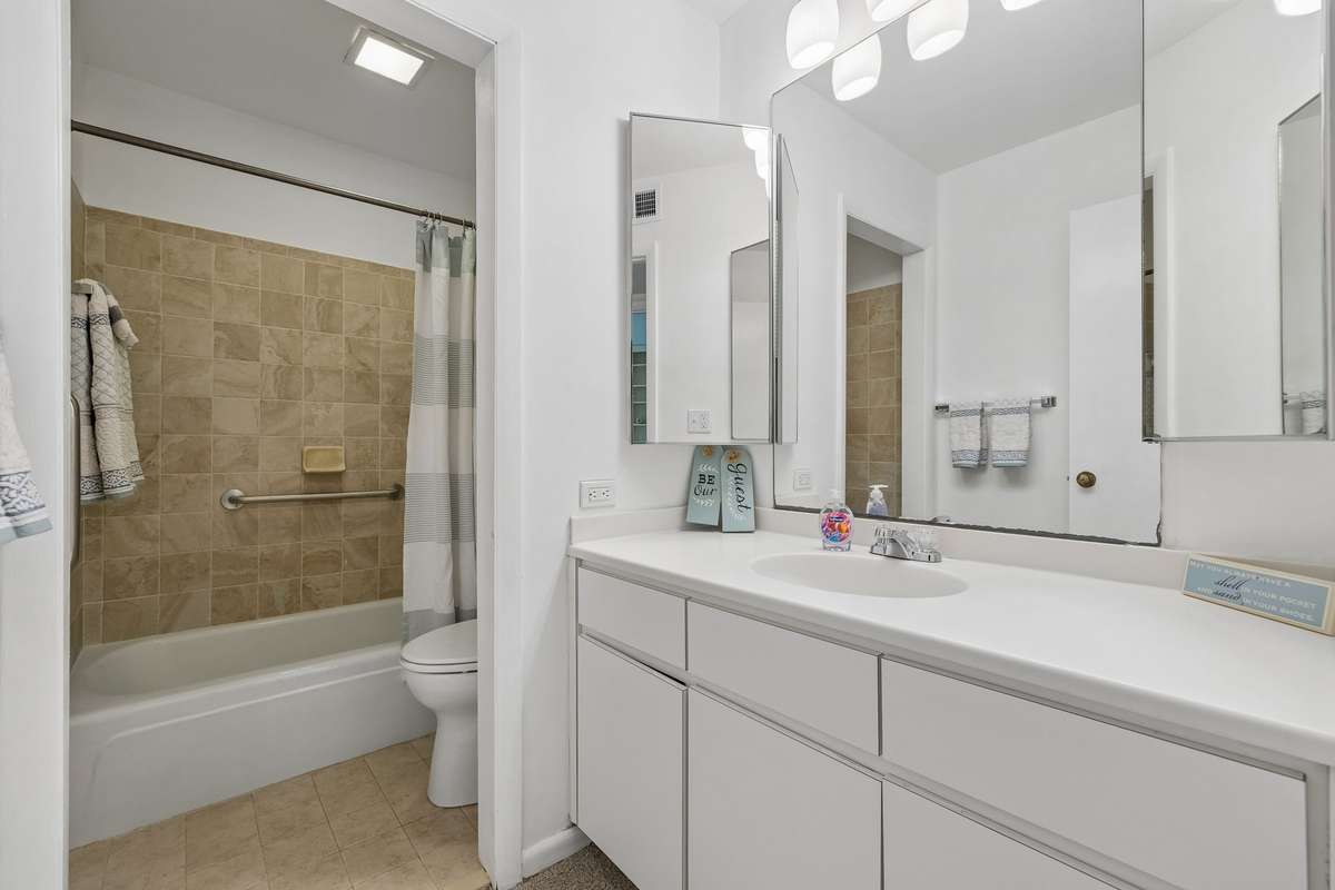 The Full Bath has a vanity with single sink, large mirror & medicine cabinets, with new carpet in the first portion of the Bath.