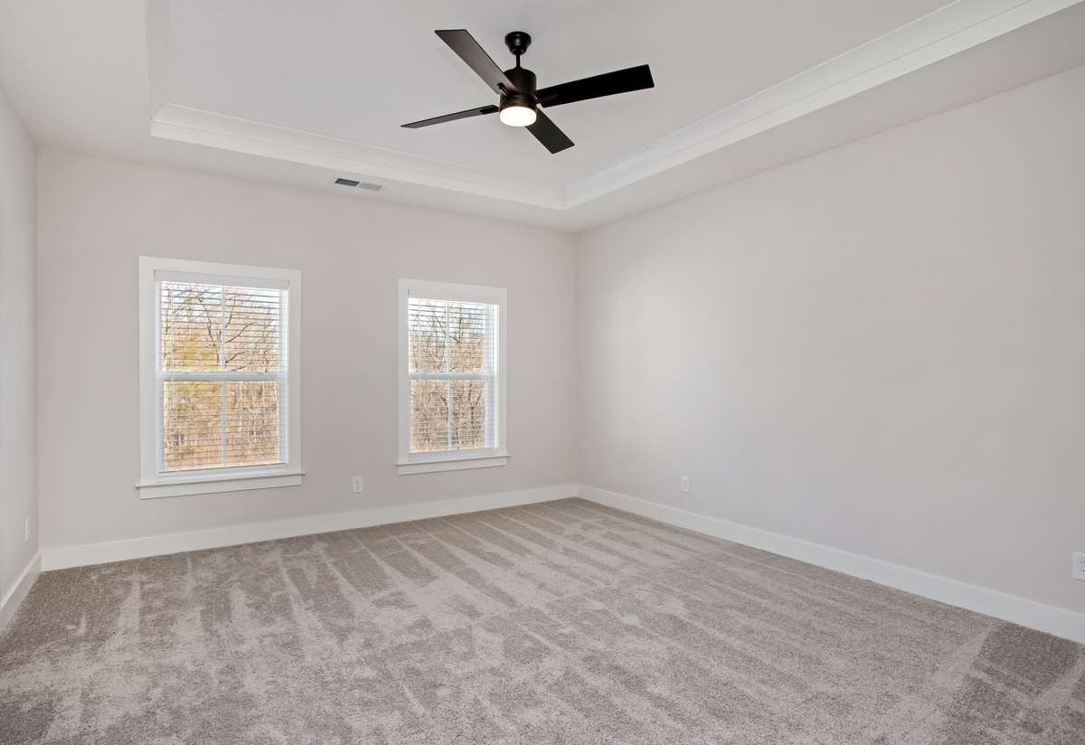 Picture is of the Madison Americana built on another lotPrimary bedroom with trey ceiling and ceiling fan.