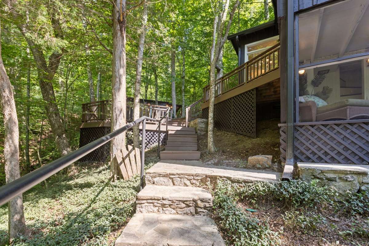 Stone steps lead you up a gentle rise, deep into the forest, where the cabin sits among giant trees and a wet spring creek to the left of the property.