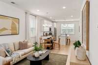 Family room open into dining space and kitchen.