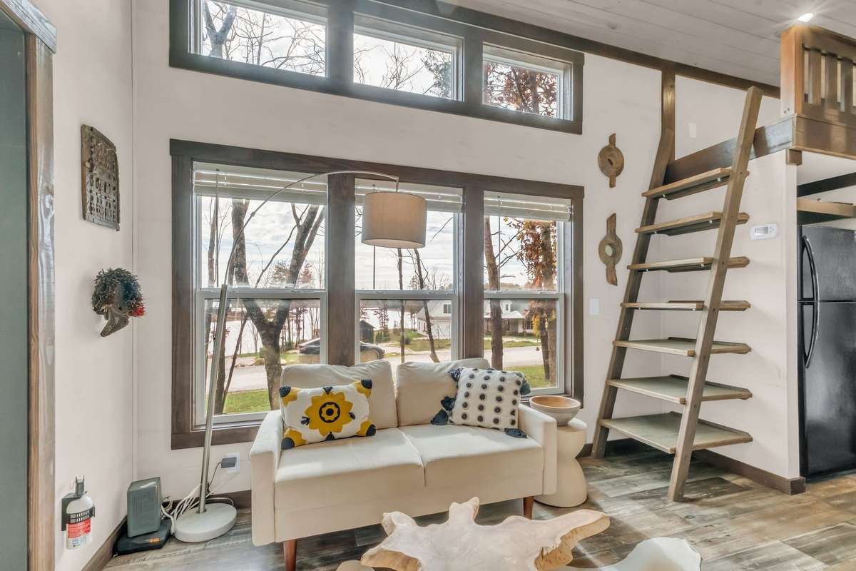 Serene lake view from inside the home