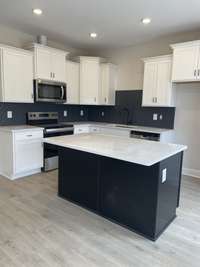 Kitchen includes island SS Stove with smooth surface cooktop, microwave and dishwasher