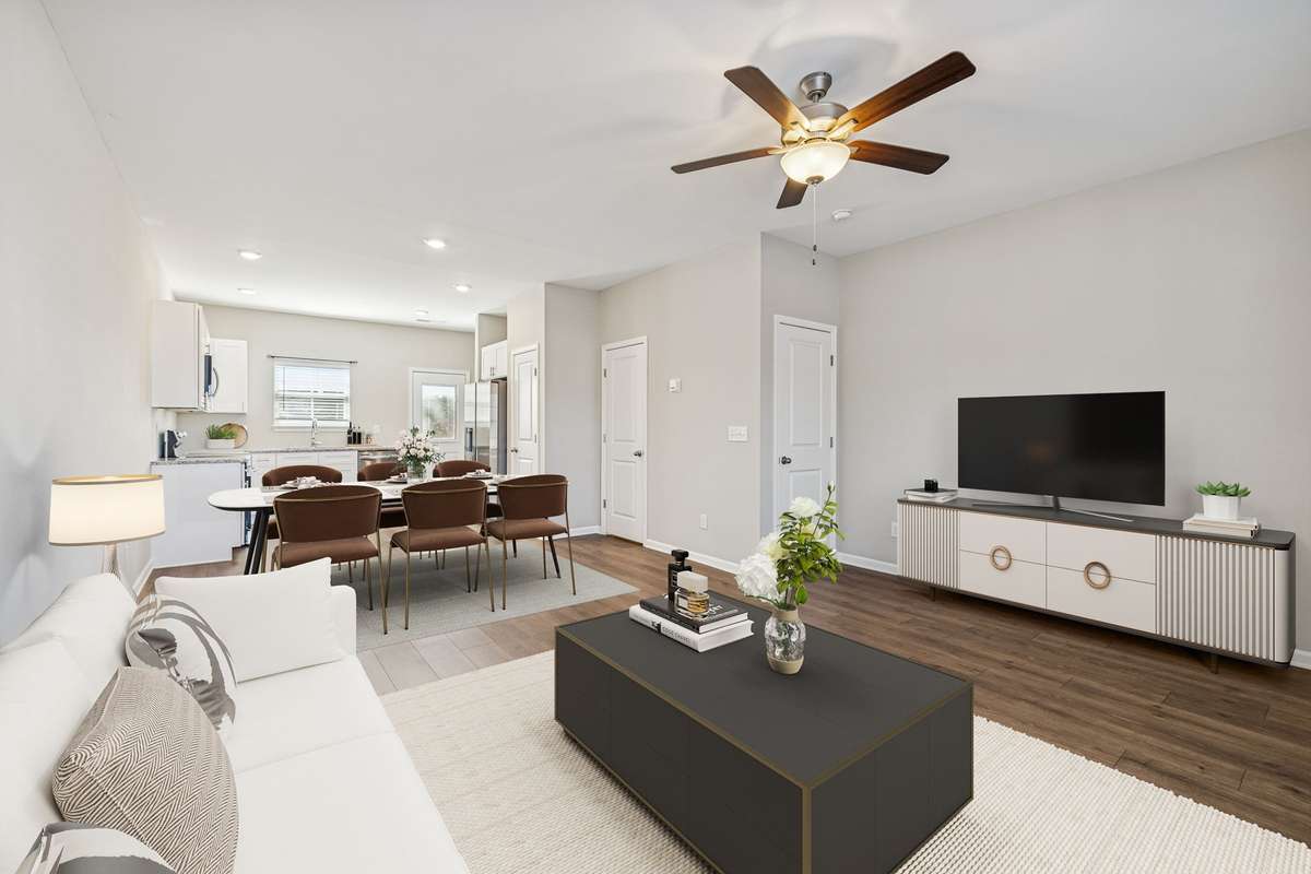 Virutally Staged - Living Room with tall ceilings and nice open concept living